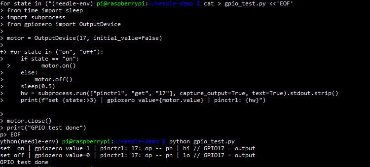Terminal output of a GPIO test on a Raspberry Pi 4: a short Python script uses gpiozero to set GPIO17 on and off, and pinctrl reports hi and lo each time, confirming the real pin level.