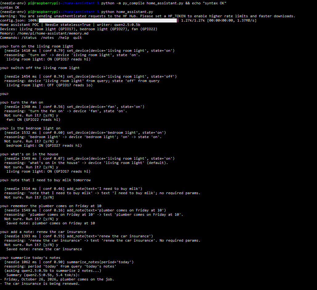 Terminal output of the version 1 interactive run: each command with Needle's tool call, confidence and reasoning, the prompts that were approved, and Qwen's two-bullet summary of the saved notes.