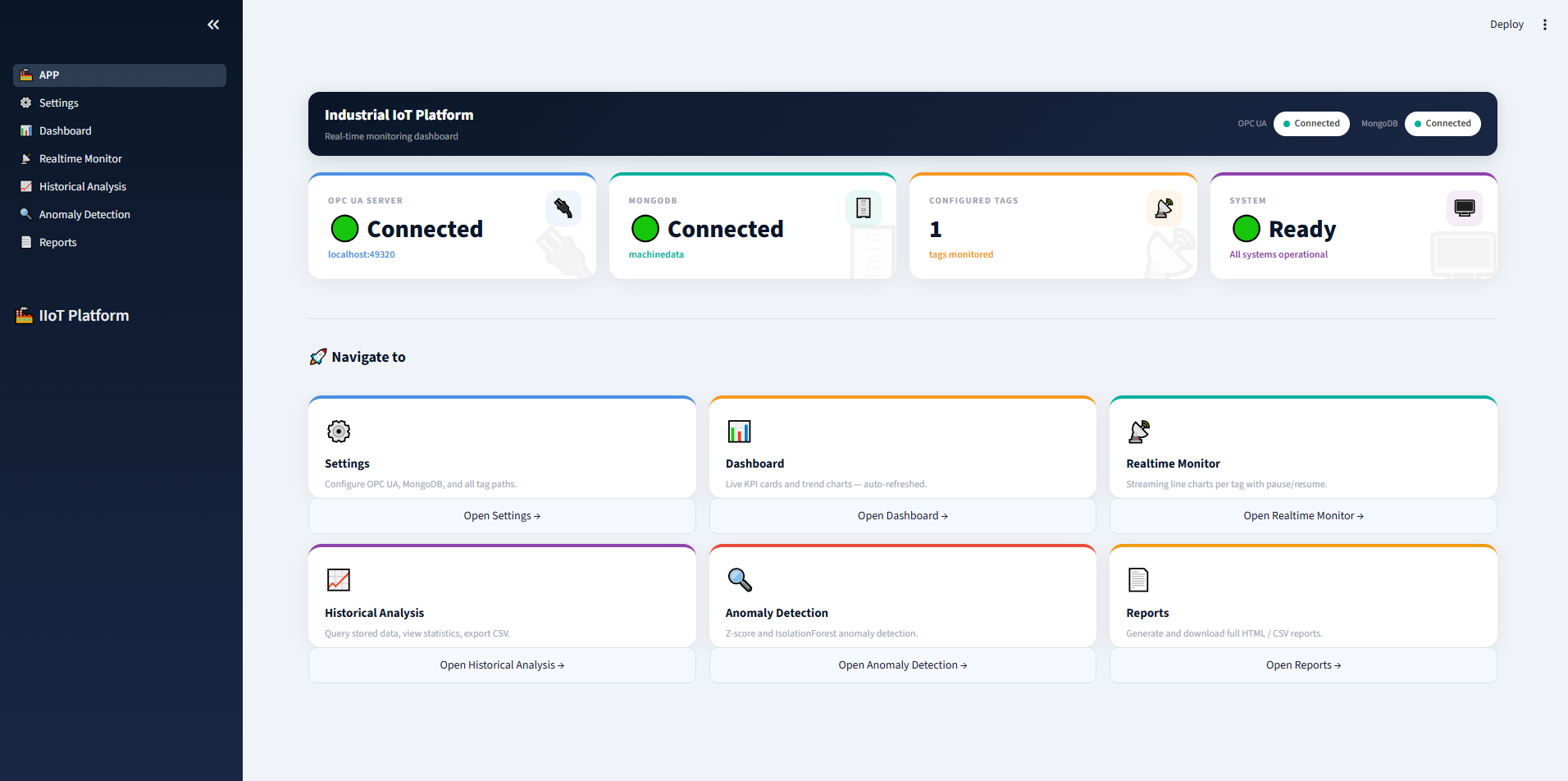 Industrial IoT Platform home screen — OPC UA server and MongoDB shown as connected, configured tags counter, system ready, and quick navigation cards to Settings, Dashboard, Realtime Monitor, Historical Analysis, Anomaly Detection, and Reports.