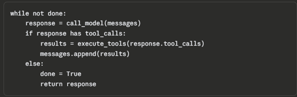 The core agent loop in a few lines of code: ask the model what to do, run the requested tool and feed its result back, and stop when the model returns no more tool calls.